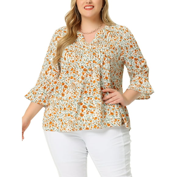 GRACE & GRANDEUR Women's Plus Size Pleated V Neck 3/4 Sleeves Floral Blouse 4X White