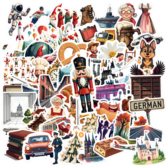 cartoon Germany - themed Stickers, Waterproof Christmas - themed Sticker for Water Bottle Laptop Phone Cases Planner Skateboard Luggage Helmet Party Favor Decor, Ideal for Adults Teens Teacher Rewards