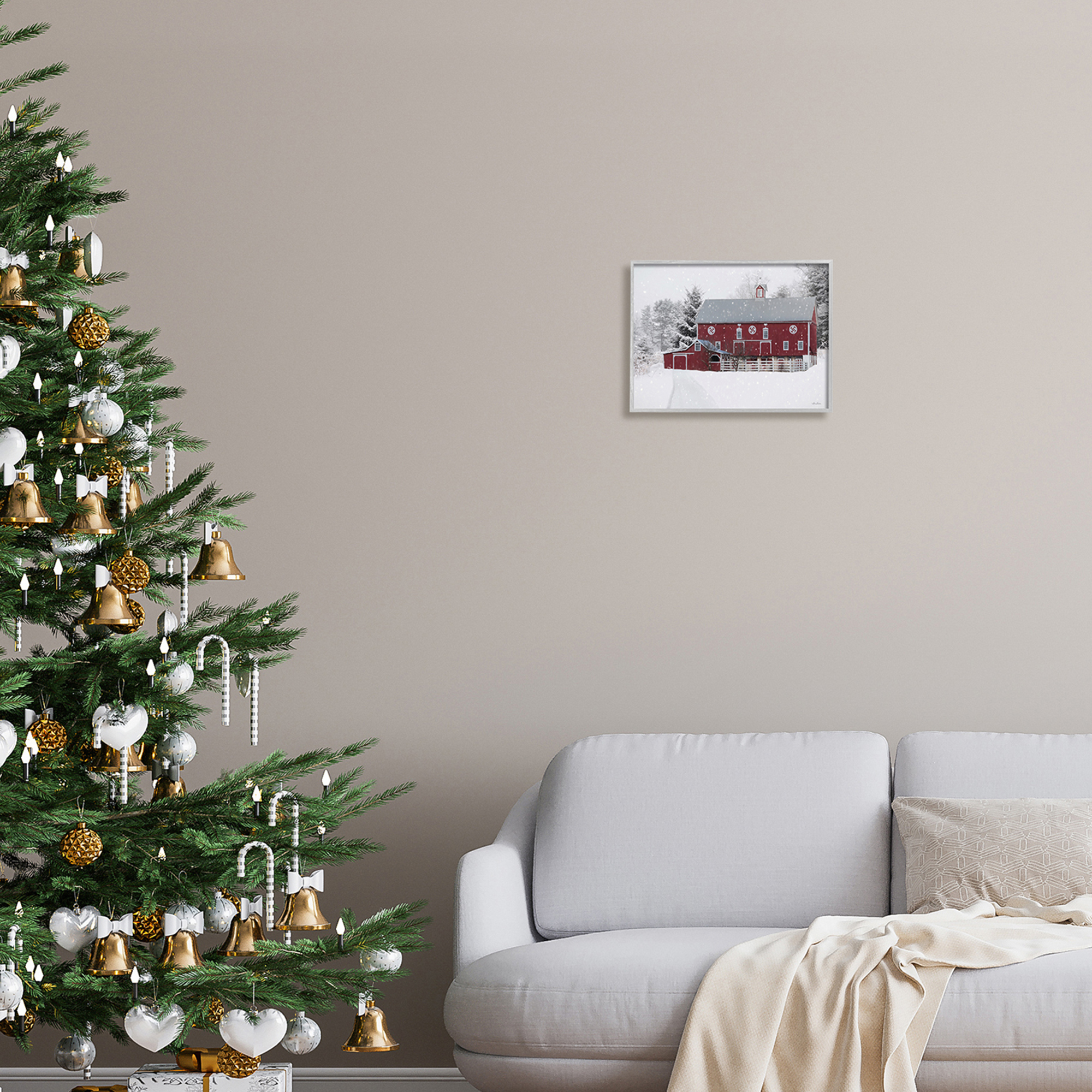 Snow Covered Farmland Red Barn Snowflakes Falling Landscape Painting Framed Art Print Wall Art