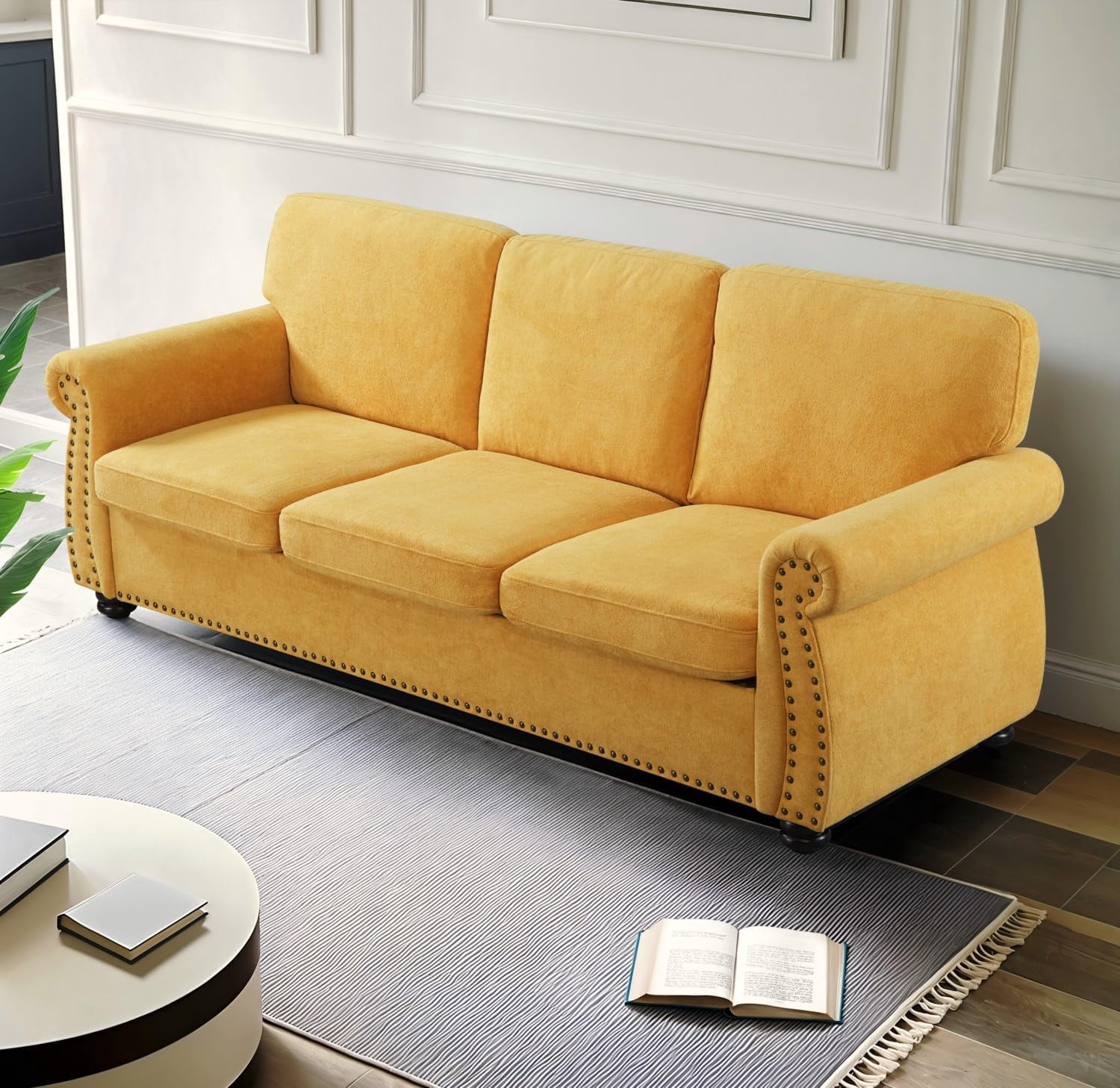 US Pride Furniture 91 in. Wide Rolled Arm Velvet Modern Rectangle Sofa in Yellow For Home