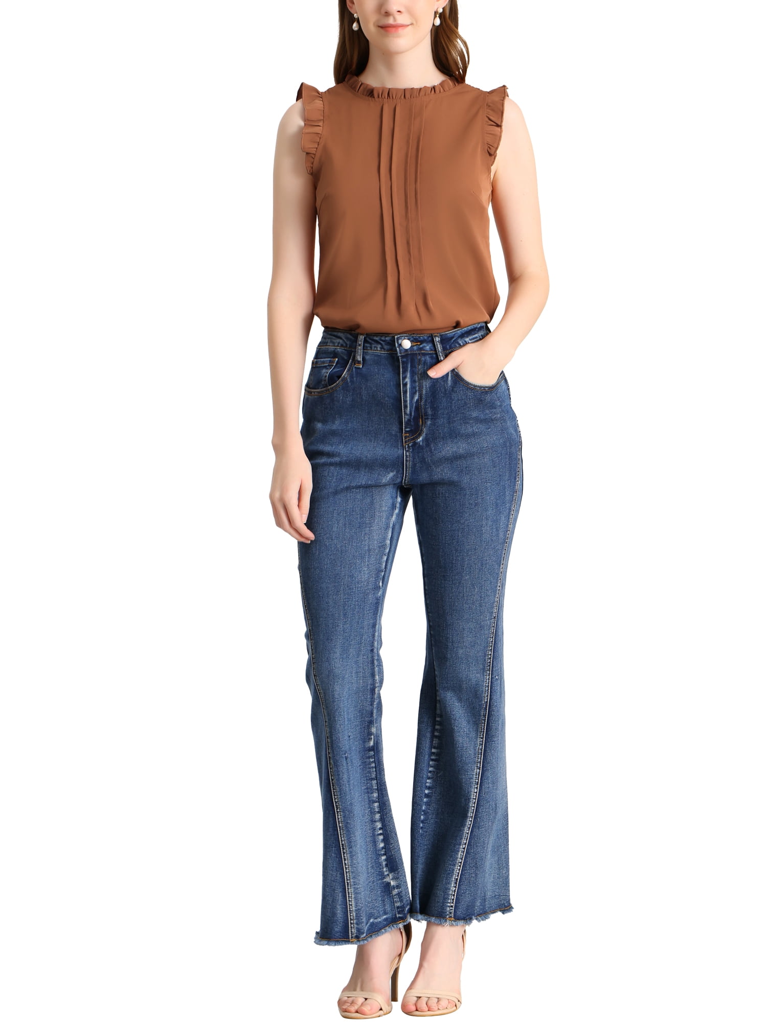 DARING DIVA Women's Ruffled Trim Pleated Plain Blouse Top M Brown