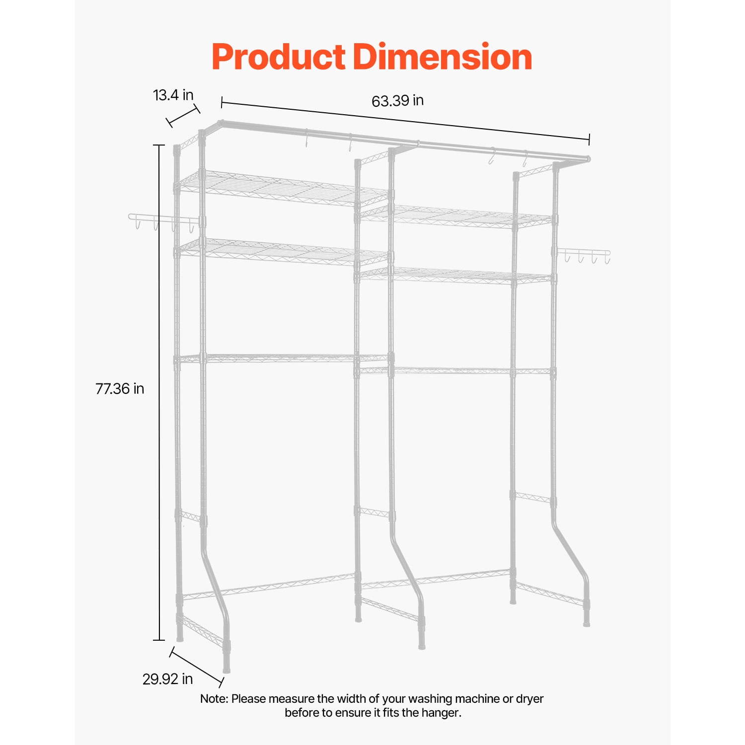 KFFKFF Over Washer and Dryer Storage Rack, 63" Laundry Clothes Drying Rack with Adjustable Shelves, Hanging Rod and Hooks, Ideal for Laundry Room Organizing, White