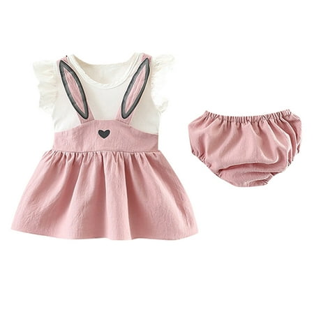 

DNDKILG Infant Baby Toddler Girls 2 Piece Summer Dress and Shorts Set Short Sleeve Cartoon Clothes Set Outfits with Pink 3M-2Y 100