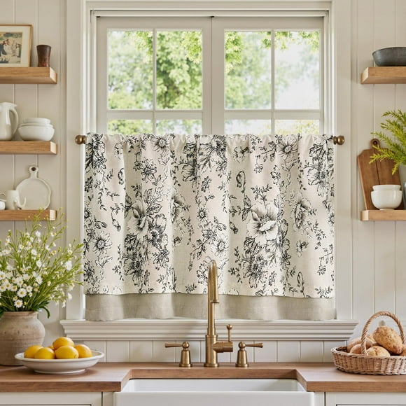 Cortina de Cocina Jinchan de Lino con Estampado Floral Francés 60 cm Negro/Beige