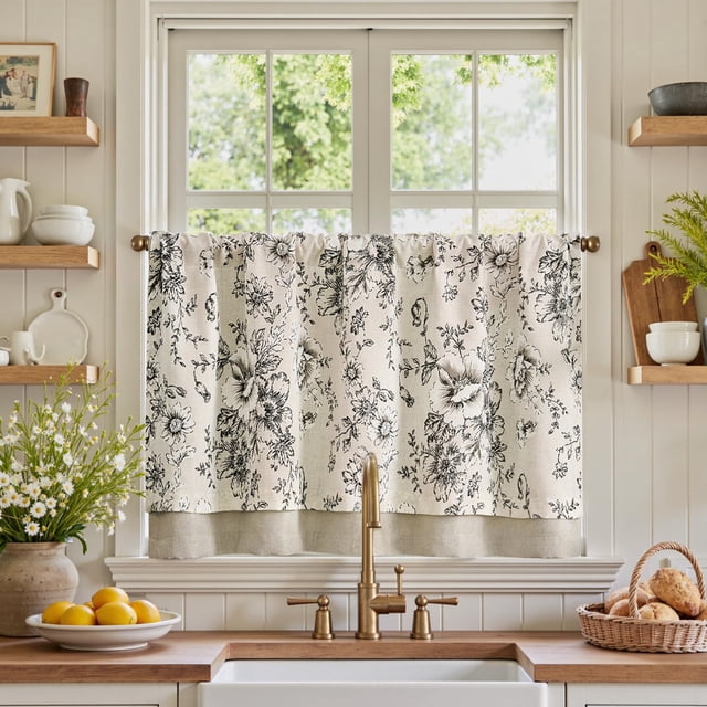 Cortina de Cocina Jinchan de Lino con Estampado Floral Francés 60 cm Negro/Beige