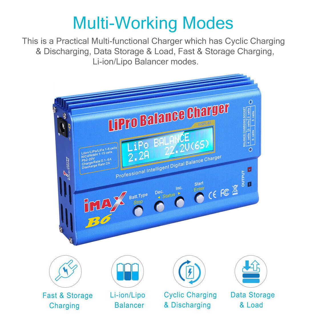 B6 80W 6A Lithium Battery Balance Charger - Multi-Function Charger for LiPo, Li-Ion, NiMH, NiCd, and Lead Batteries with LCD Display and Safety Protections