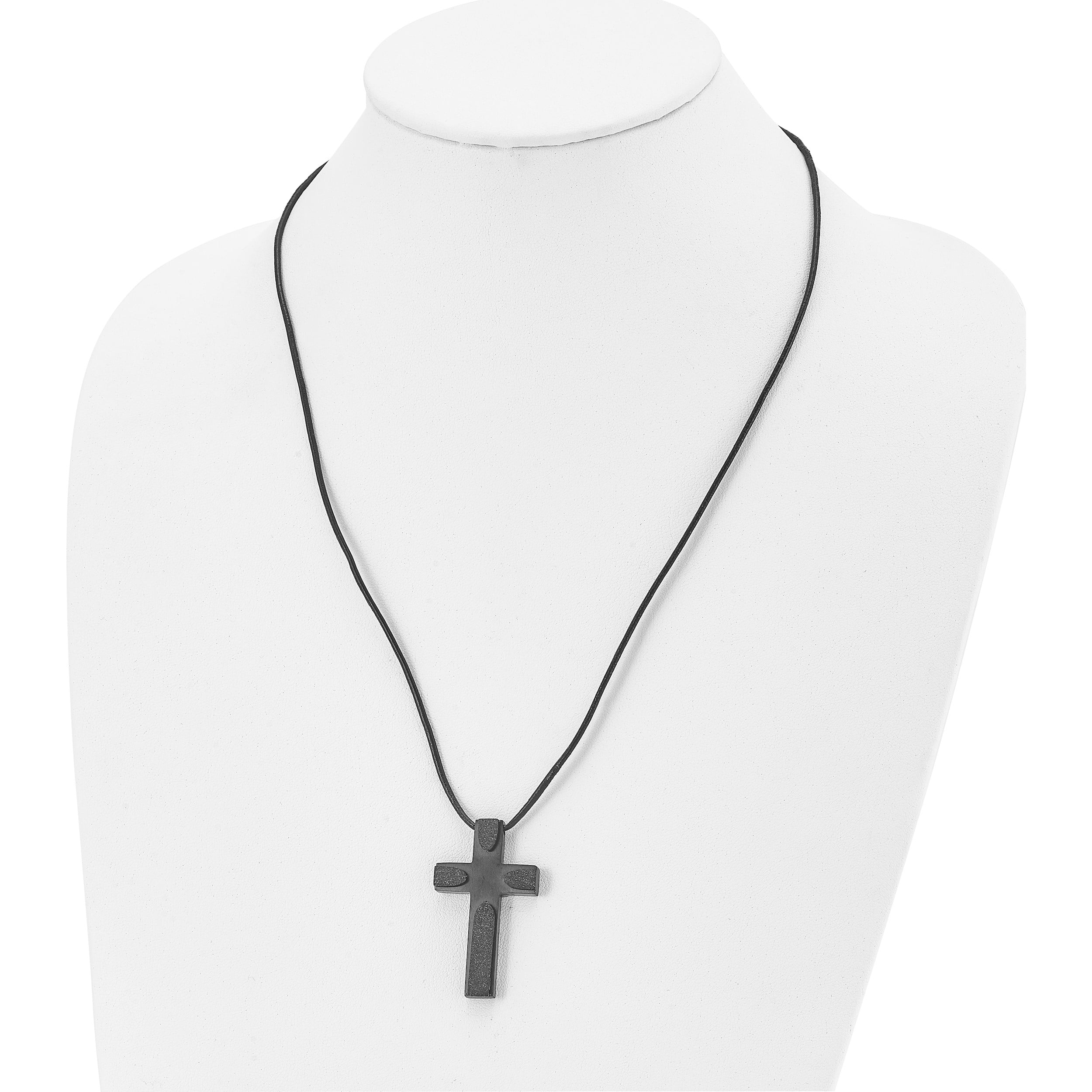 Stainless Steel Brushed Lasercut Blk Ip Cross 20In Leather Cord Necklace (20 X 25.5) Made In China -Jewelry By Sweet Pea