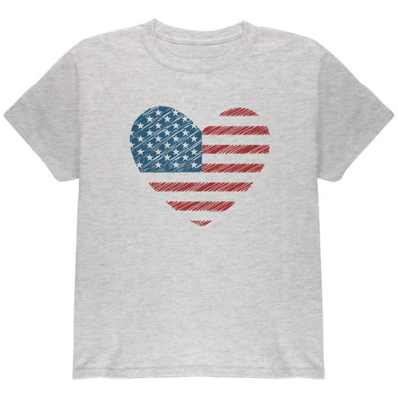 4th of July Scribble American Flag Heart Youth T Shirt Light Heather Grey YMD