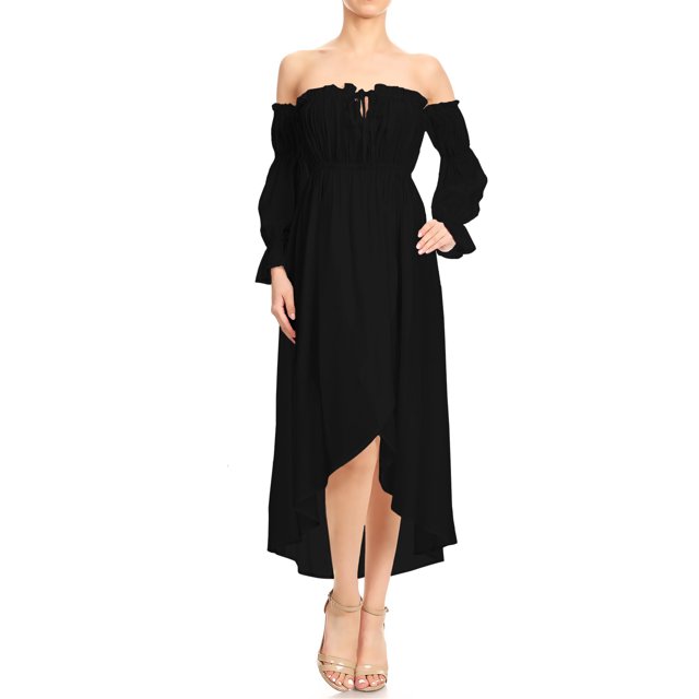 Womens Boho Long Sleeve Off Shoulder Renaissance Peasant Dress, Black, Small