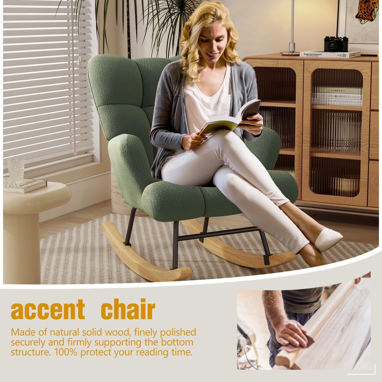 Glider Rocking Chair for Bedroom Chair, Comfy Accent Chair Reading Chair with High Backrest Armchair Teddy Soft Upholstered Living Room Chairs for Nursery Bedroom(Green)