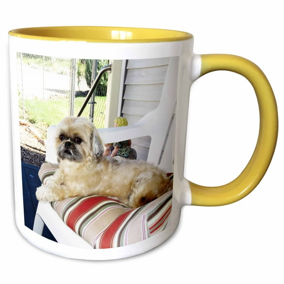 3drose, a Crème Colored Shih Tzu Doggie Sitting Outside on a Cushion, 15oz Two-tone Yellow Mug