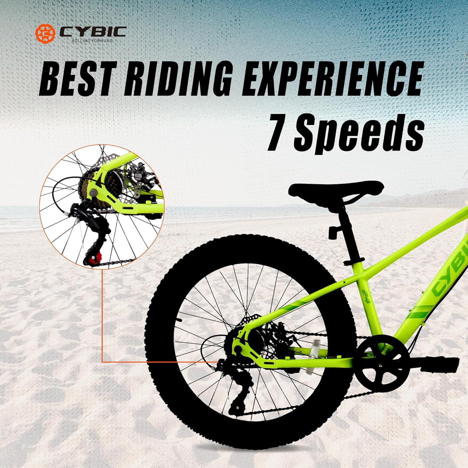 Cybic Fat Tire Mountain Bike 24 inch, 7 Speeds, Double Disc Brake Bicycle, Yellow Green