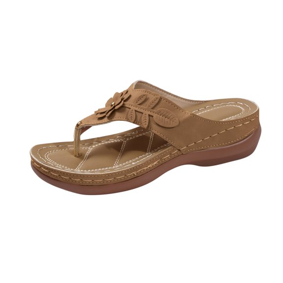 LOVZFMLL Sandals for Women 2025 Summer Fashion Flower Flip Flops Slip On Open Toe Thong Casual Outdoor Beach Vacation Comfort Walking Slides Brown 9.5