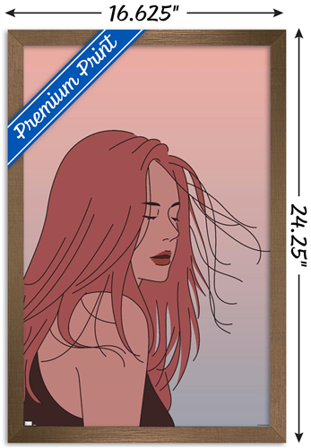 Hand Drawn Woman With Blowing Hair Wall Poster, 14.725" x 22.375" Framed