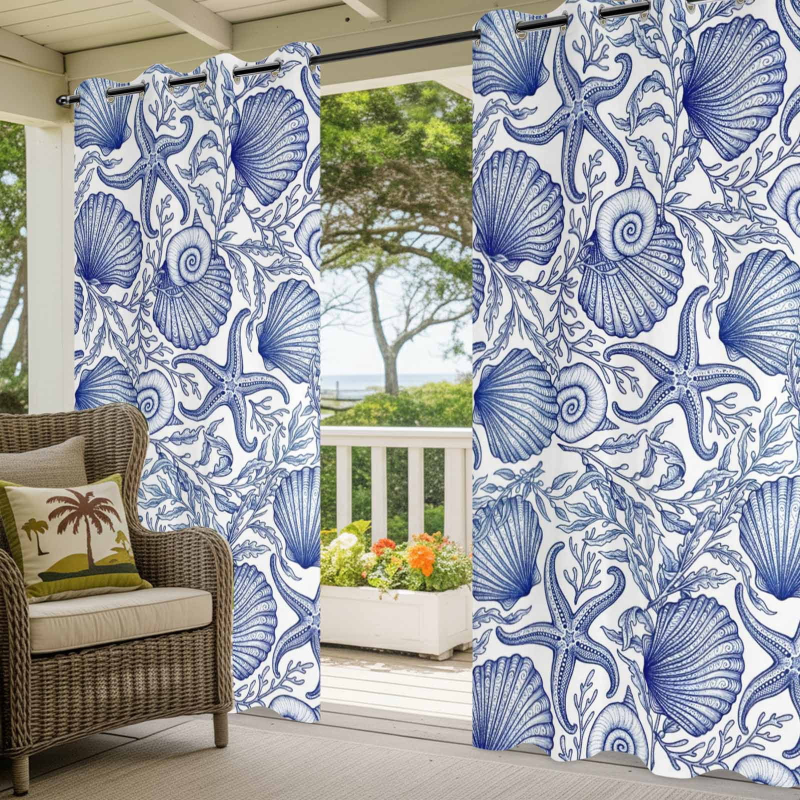 Vintage Blue Ocean Outdoor Curtains for Patio, Summer Country Nautical Sea Shell Starfish Coral Sunshade Privacy Drapes Grommet Waterproof Outside Curtains for Porch/Cabana/Balcony 54"x 108", 1 Panel