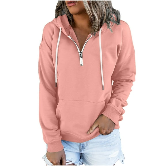IROINNID Women's Long Sleeve Hoodie Mid-Length Solid Color Stylish Sweatshirt Pullover Tops, Pink