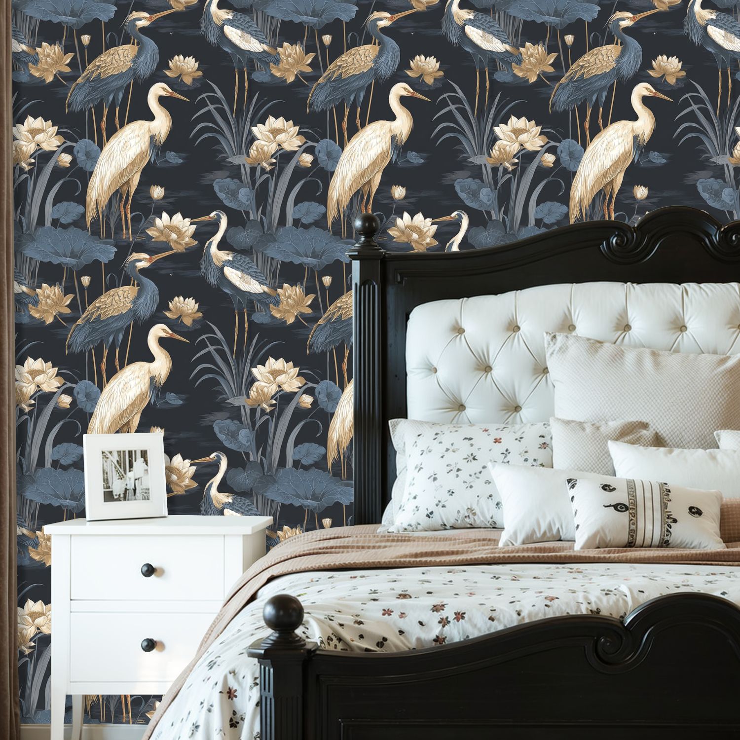 Peel and Stick Wallpaper 23.6in x 9.8ft Elegant Crane Birds Lotus Flowers Soft Gold Blue Floral Contact Paper Vinyl Self-Adhesive Removable Wall Paper for Bedroom Kitchen Cabinet Renter Friendly
