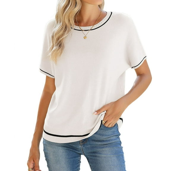 Womens Tops Trendy Casual Short Sleeve Shirts Crewneck Knit Sweater Top White M