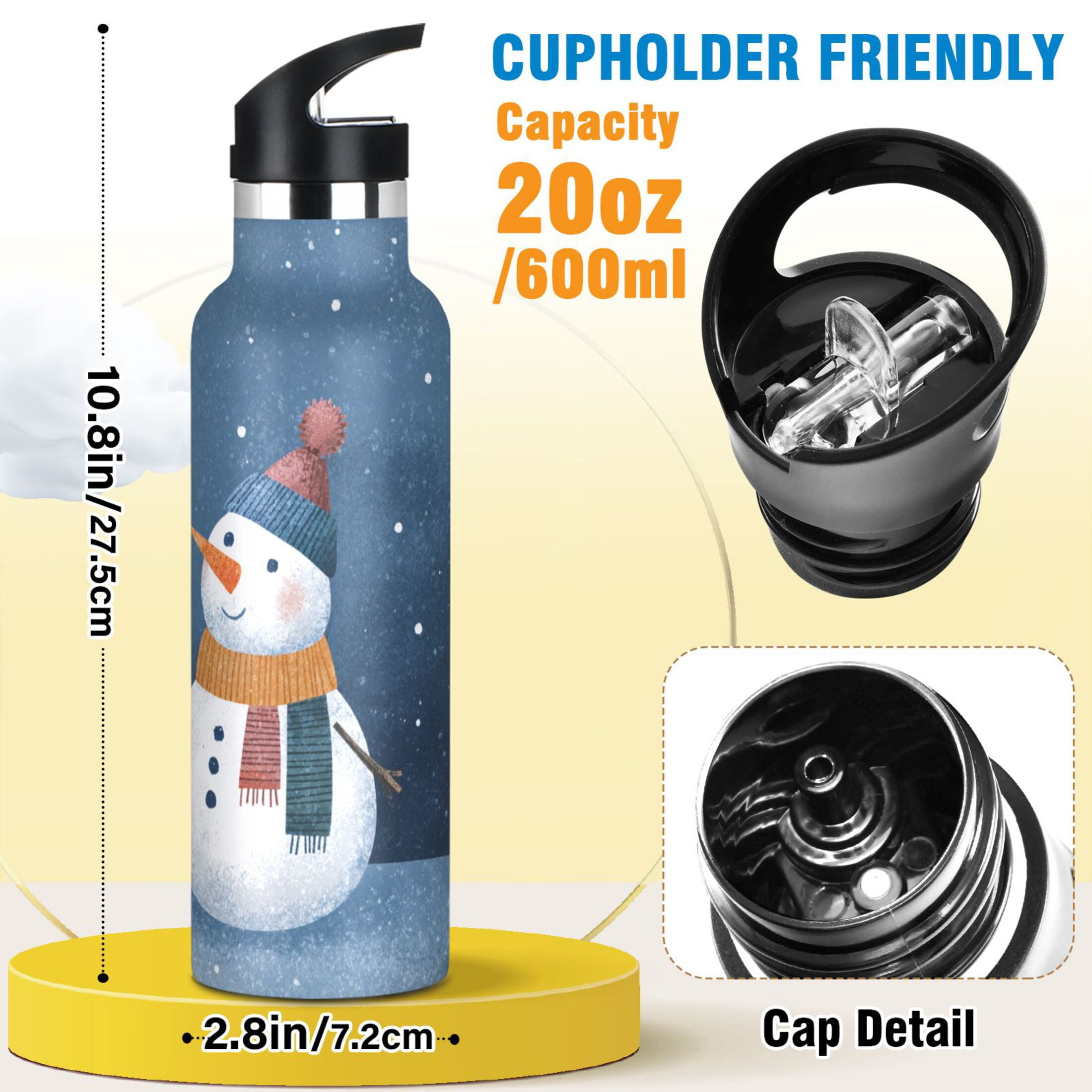 600ML Stainless Steel Insulated Cup Sports Water Bottle Portable Thermos Cup Water Glasses Insulated Tumblers Convenient and Durable Christmas Snowmen and Bird
