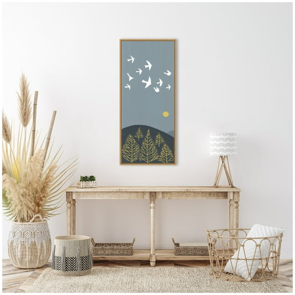 Kate and Laurel Hilltop Flight Linocut Bird Framed Canvas Wall Art by Guilana Lazzerini 18 x 40 Sylvie Natural, Modern Contemporary, Animals, Landscapes, Nature Art for Wall Decor, Living Room