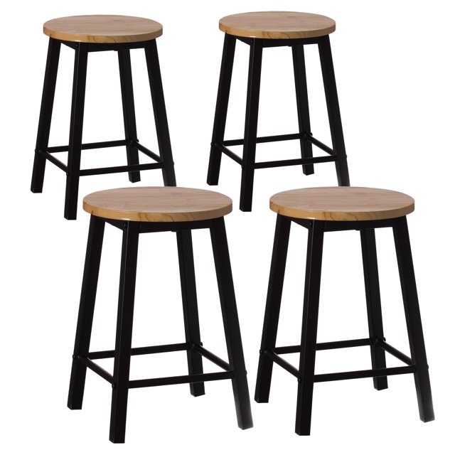 Set of 4 17.5-Inch Rustic Round Solid Wood Counter-Height Bar Stool with Footrest and Durable Steel Frame, Perfect for Dining Room, Kitchen Island and Home Bar - Ideal for Indoor and Outdoor Parties