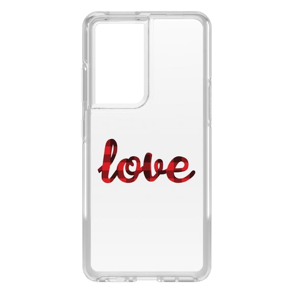 DistinctInk Clear Shockproof Hybrid Case for Galaxy S21 ULTRA 5G (6.8" Screen) - TPU Bumper Acrylic Back Tempered Glass Screen Protector - Buffalo Love - Red Black Plaid