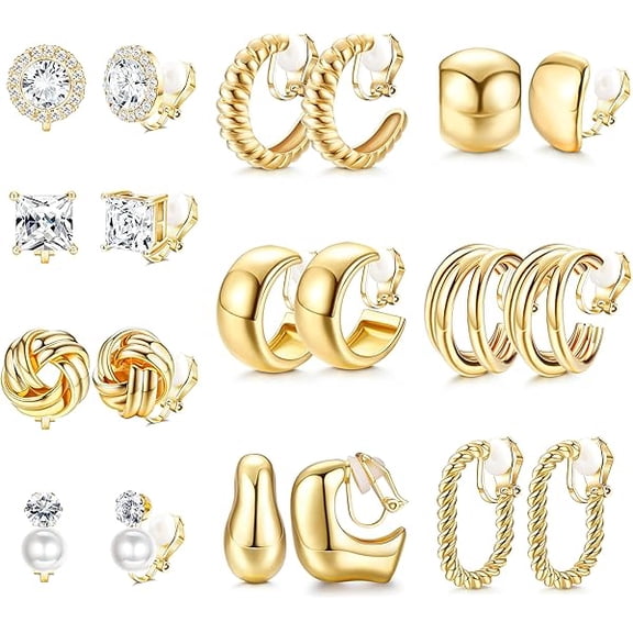 ZC 10 Pairs Clip On Earrings for Women Non Pierced Ears CZ Pearl Knot Twist Chunky Hoop and Studs Earring Set Ear Clips Jewelry Gold Silver Tone