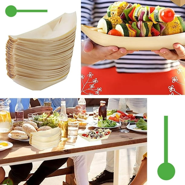 50 platos de bambu desechables platos de madera para servir barcos para fiestas bodas catering y mas. Walmart en linea