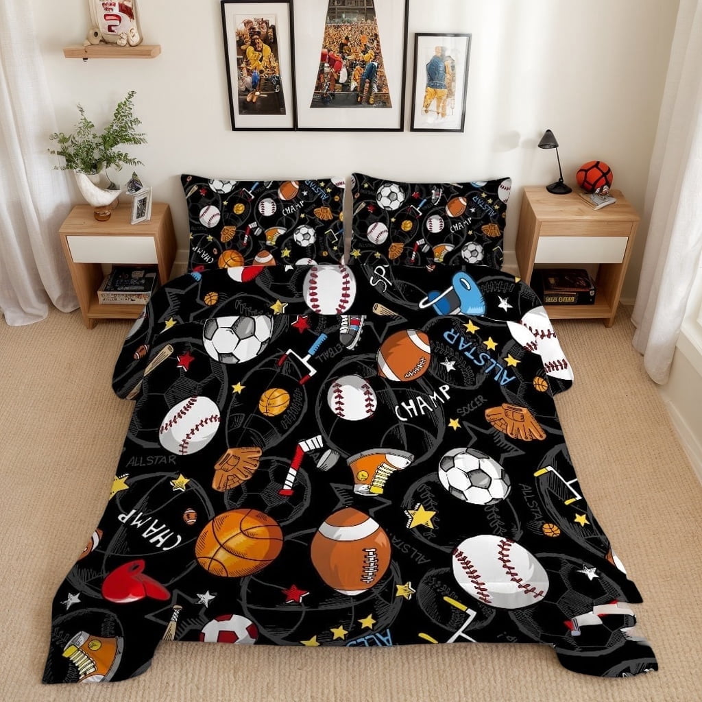 Twin Sports Comforter Set Black Ball Bedding Sets for Boys Girls Kids Teen 3D Soccer Basketball Baseball Football Design 5Pcs Bed in A Bag