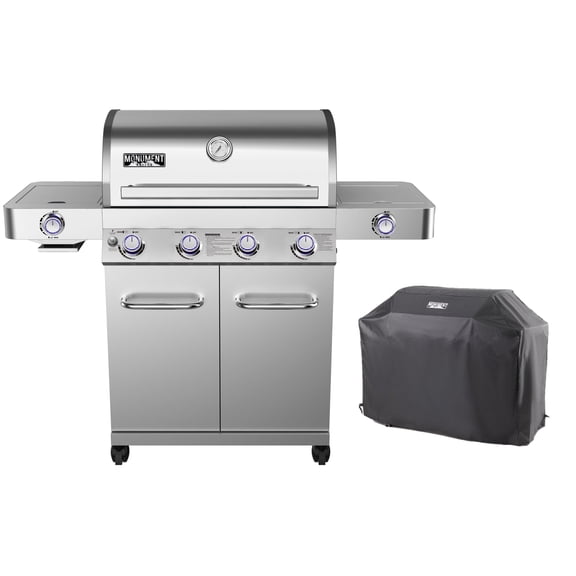 Monument Grills 4-Burner Propane Gas Grill in Stainless with LED Controls, Grill Cover, Side and Side Sear Burners