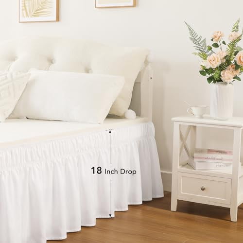 Queen Size 18-Inch Drop White Bed Skirt, Elastic Wrap-Around Dust Ruffle for Bed Frame, Lightweight Adjustable Bed Skirting Easy to Install
