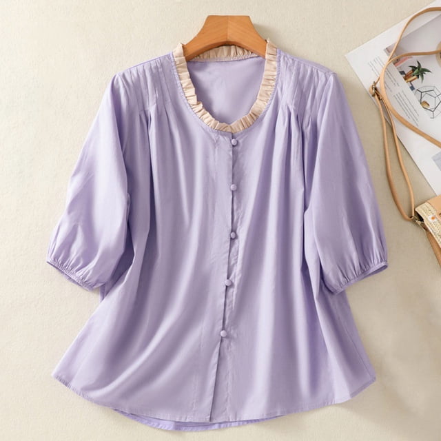 Soki Womens Summer Clothes Crew neck Loose Casual Short Sleeves Round-Neck Solid Color Loose Tops