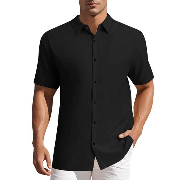 CAMISA DE HOMBRE CORTA DE MANGA CORTA INSPIRE CHIC PARA EL DÍA DEL PADRE, CON BOTONES, PLAYERA DE PLAYA DE VERANO, CUELLO PUNTA XL NEGRO
