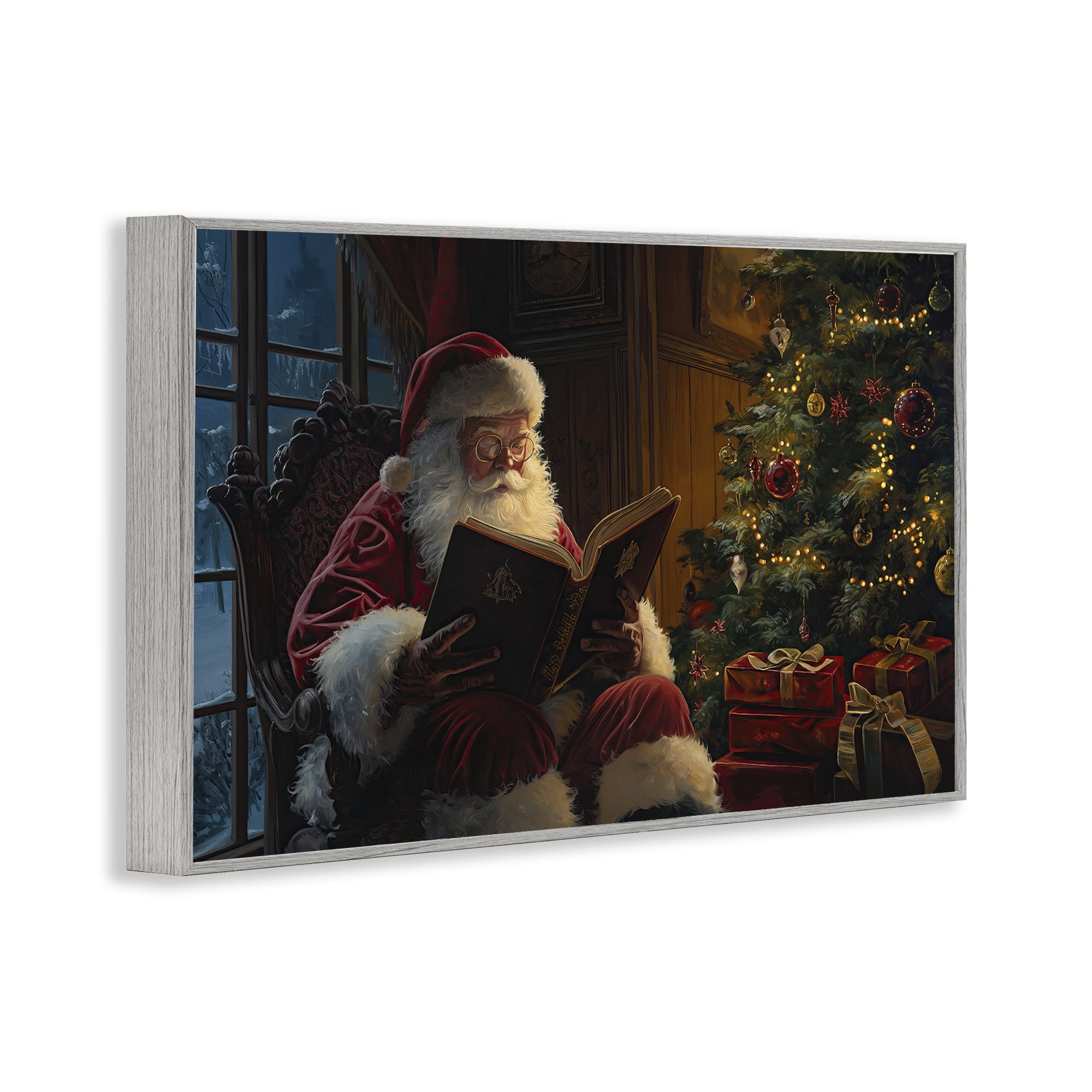 Stupell Industries Santa Reading by Tree Holiday Painting Gray Framed Art Prints Wall Art, 24 x 16