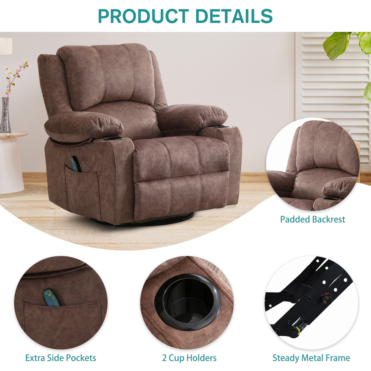JONPONY Kneading Massage Rocker Recliner Chair with 4-Point 3D Kneading Massage and Heat Ergonomic Lounge Chair for Living Room with Rocking Function and 2 Cup Holders, USB Charge Port,Brown