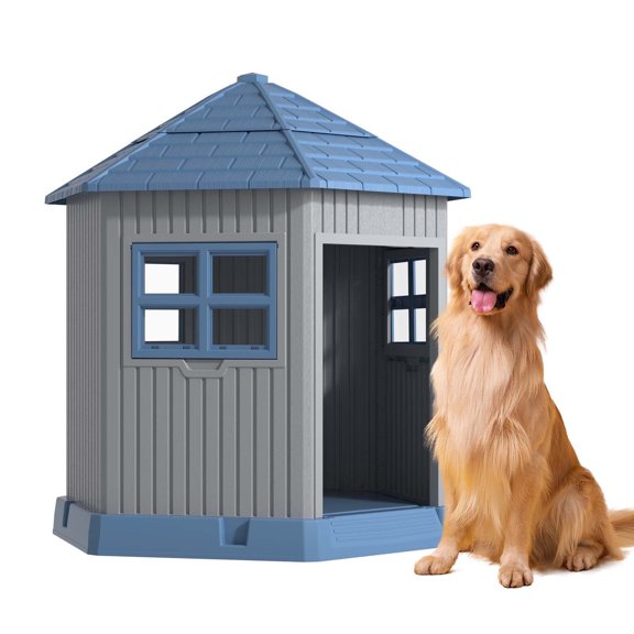 EasyUp Dog House Indoor Outdoor Durable Large Dog Shelter with Outside Dog Kennel with Window and Elevated Floor for Small Medium Dogs (Blue&Grey, 34.8 * 30.51 * 36.89)