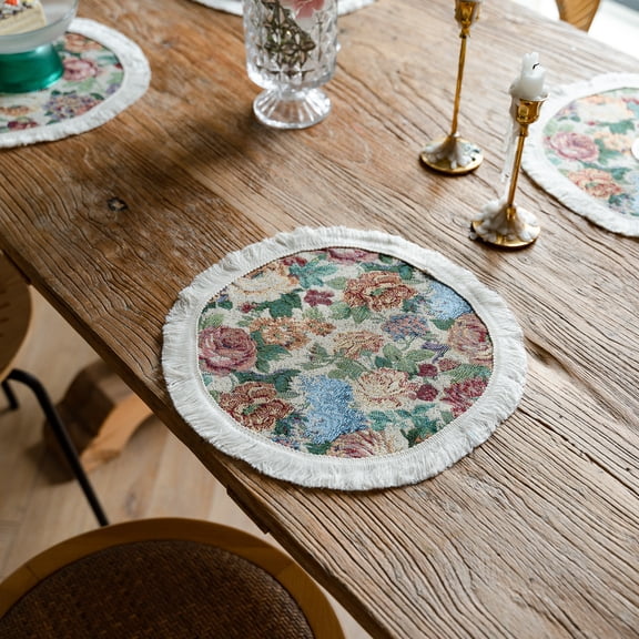 Vintage Floral Round Placemats Set of 4, Woven Fabric Table Placemats with Fringe Edge, Reusable Dining Table Mats for Kitchen & Home Décor, 11.8 Inches