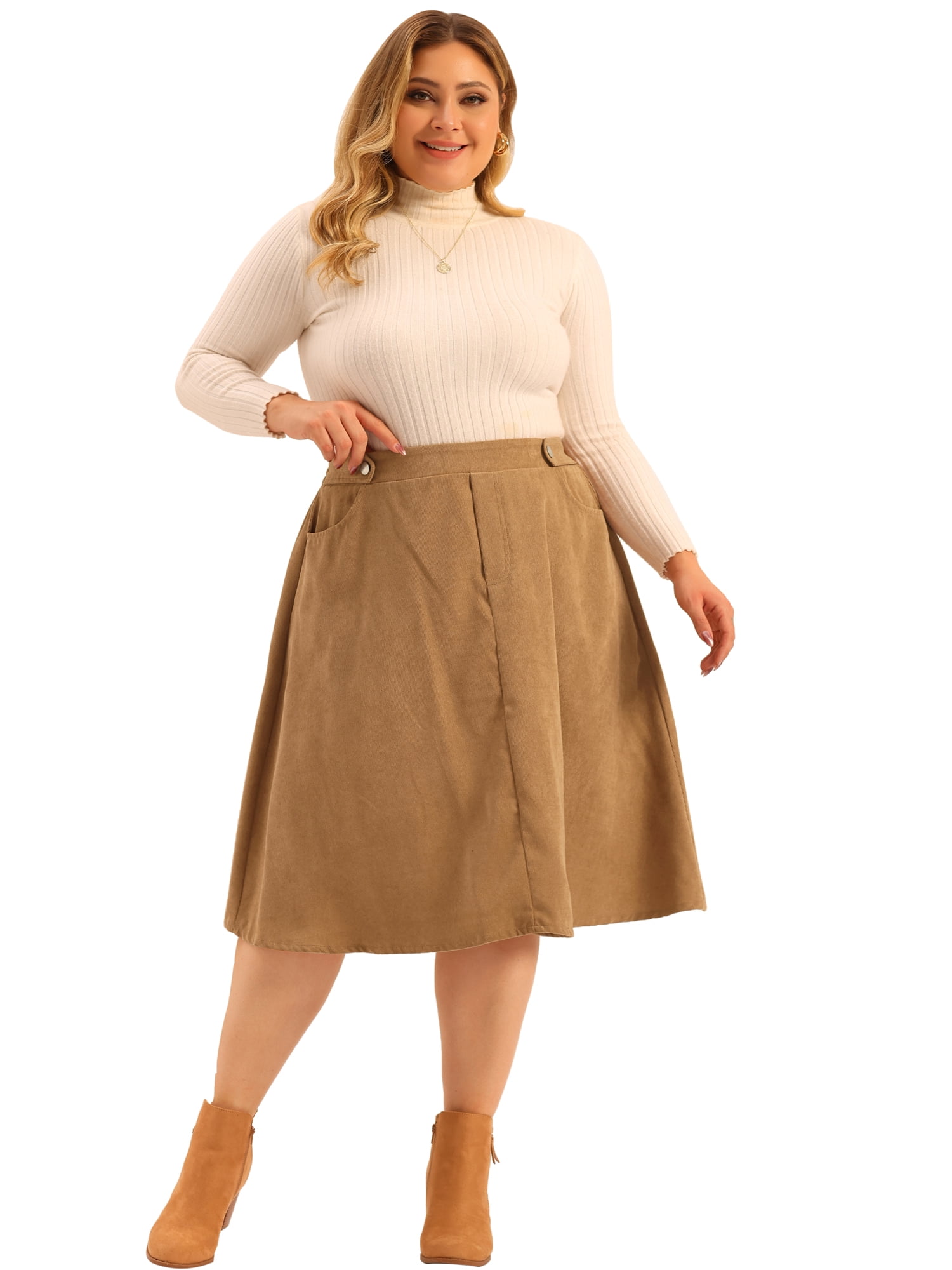 DARING DIVA Women's Plus Size Corduroy Elastic High A Line Midi Skirts 1X Khaki