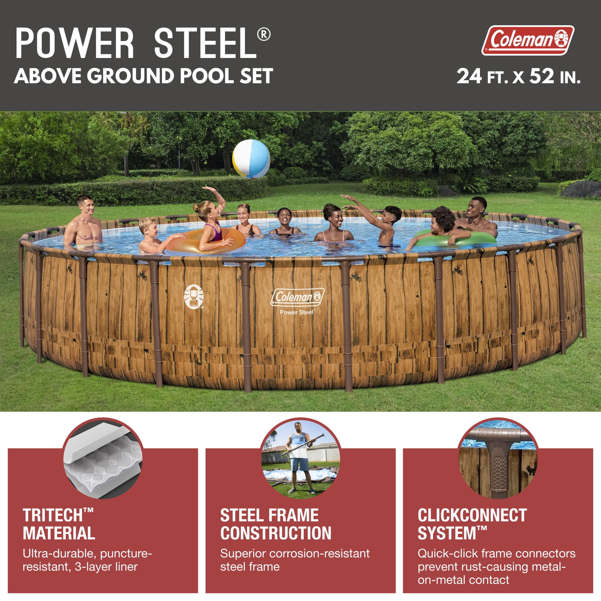 Coleman Power Steel 24' x 52” Metal Frame Above Ground Pool w/ Pump, Ladder, & Cover, Wood