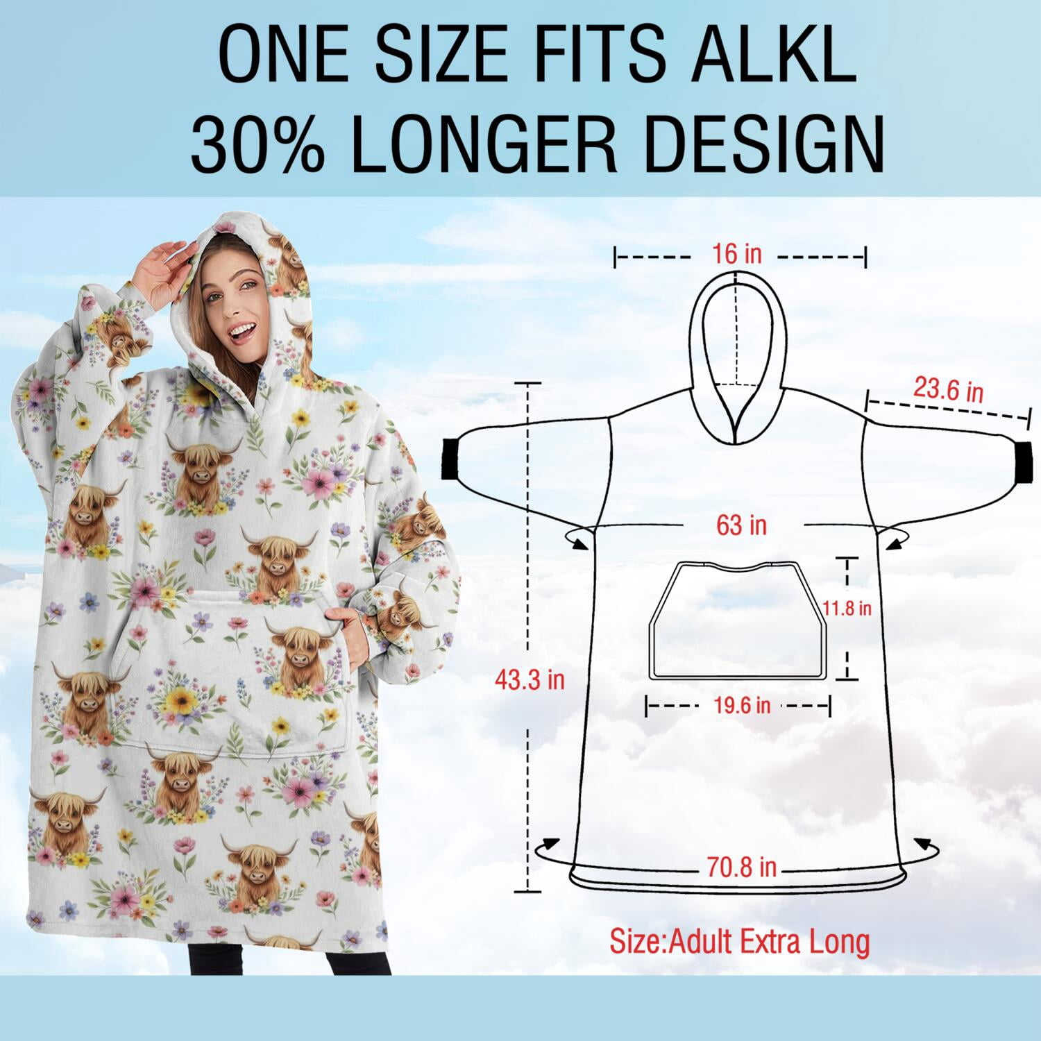Oversized Wearable Blanket Hoodie,White Highland Cow Flower Pattern Sherpa Blanket Hoodie with Super Pockets,Super Warm Fuzzy Pullover for Women & Men