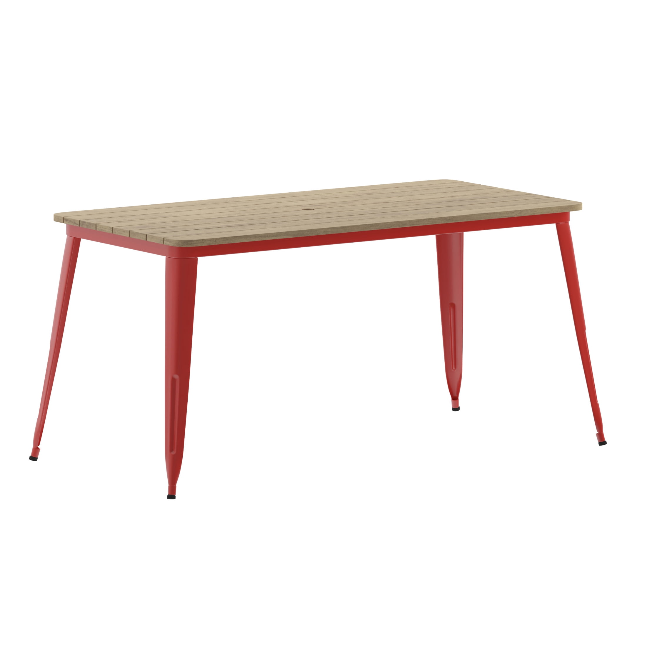 Flash Furniture Declan Commercial Indoor/Outdoor Dining Table with Umbrella Hole, 30" x 60" All Weather Brown Poly Resin Top and Red Steel Base