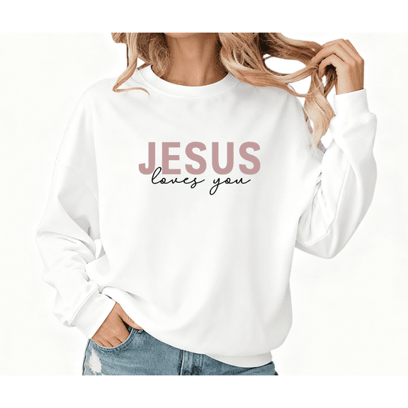 White womens Print Sweatshirt Graphic Sweatshirt Pastel Purple JESUS loves you Christian Spring Cozy S-3XL Plain Tops