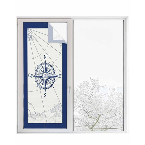 Window Privacy Film Nautical Compass Stained Glass Window Film Decorative Sun Block Window Cover Navy Blue Maps Tropical Palm Tree Window Clings Static Adhesive Sticker for Bathroom 29.5"x78.7"