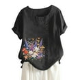 thumbnail image 3 of Women's Summer Comfort Linen Round Neck Short Sleeve With Button Flower Print T Shirt Top Women Shirts Compression Tee Shirts Women Womens A Shirts Womens T Shirt Women Technical Pants Miss Long, 3 of 3