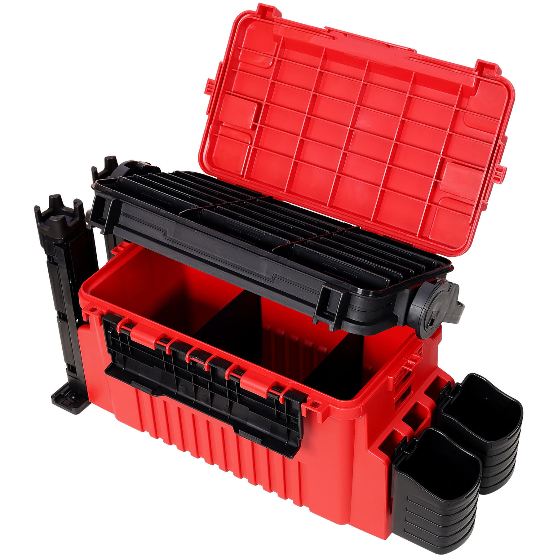 Large Dual-Layer Fishing Tackle Box Organizer With 2 Rod Holders And Cup Holders For Outdoor Fishing Adventures