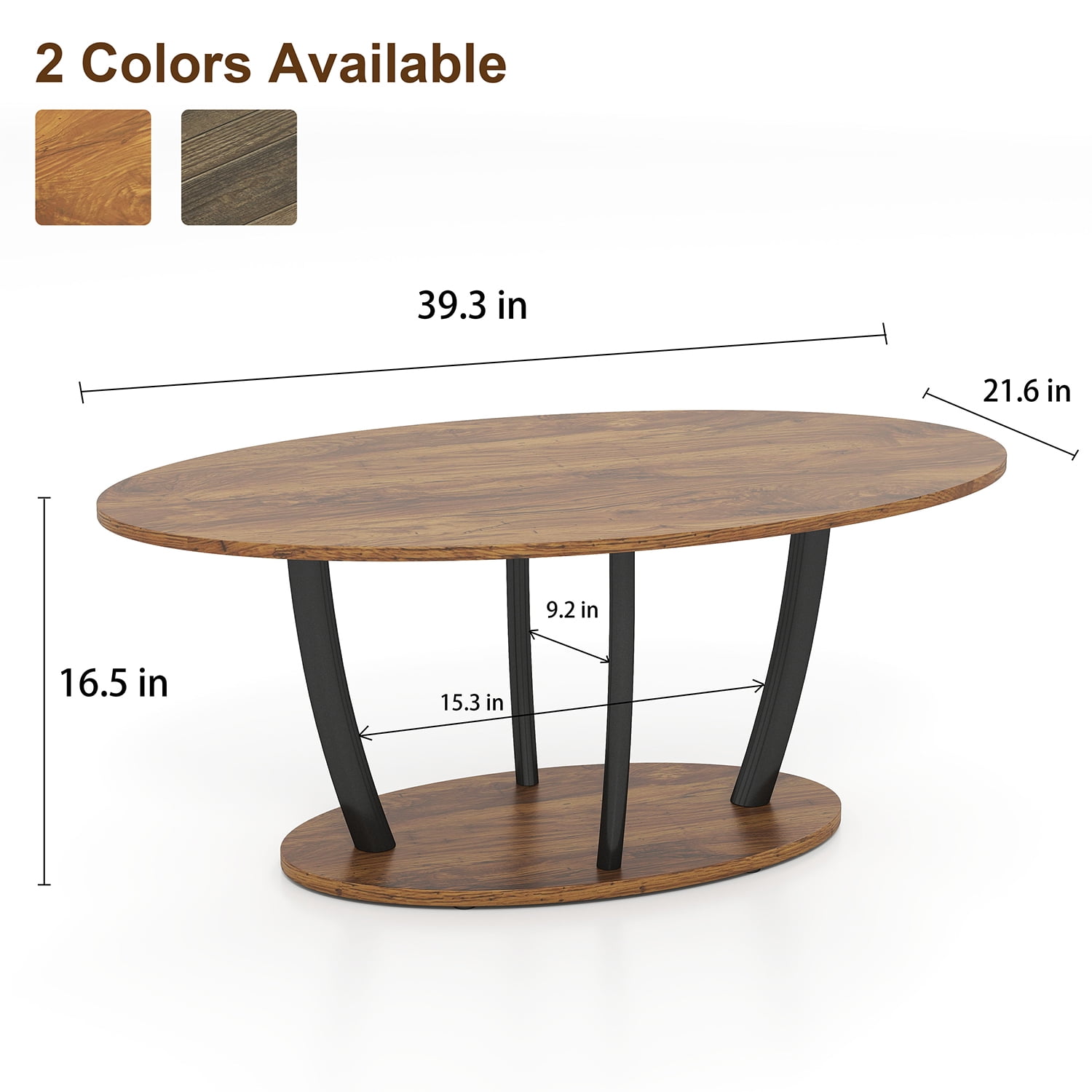 Manora 2-Tier Oval Coffee Table with Storage Shelf for Living Room Bedroom, Red Oak Wood Grain and Black Metal