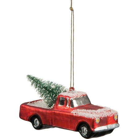 Glass RED PICKUP TRUCK Christmas Tree Ornament, 4.25