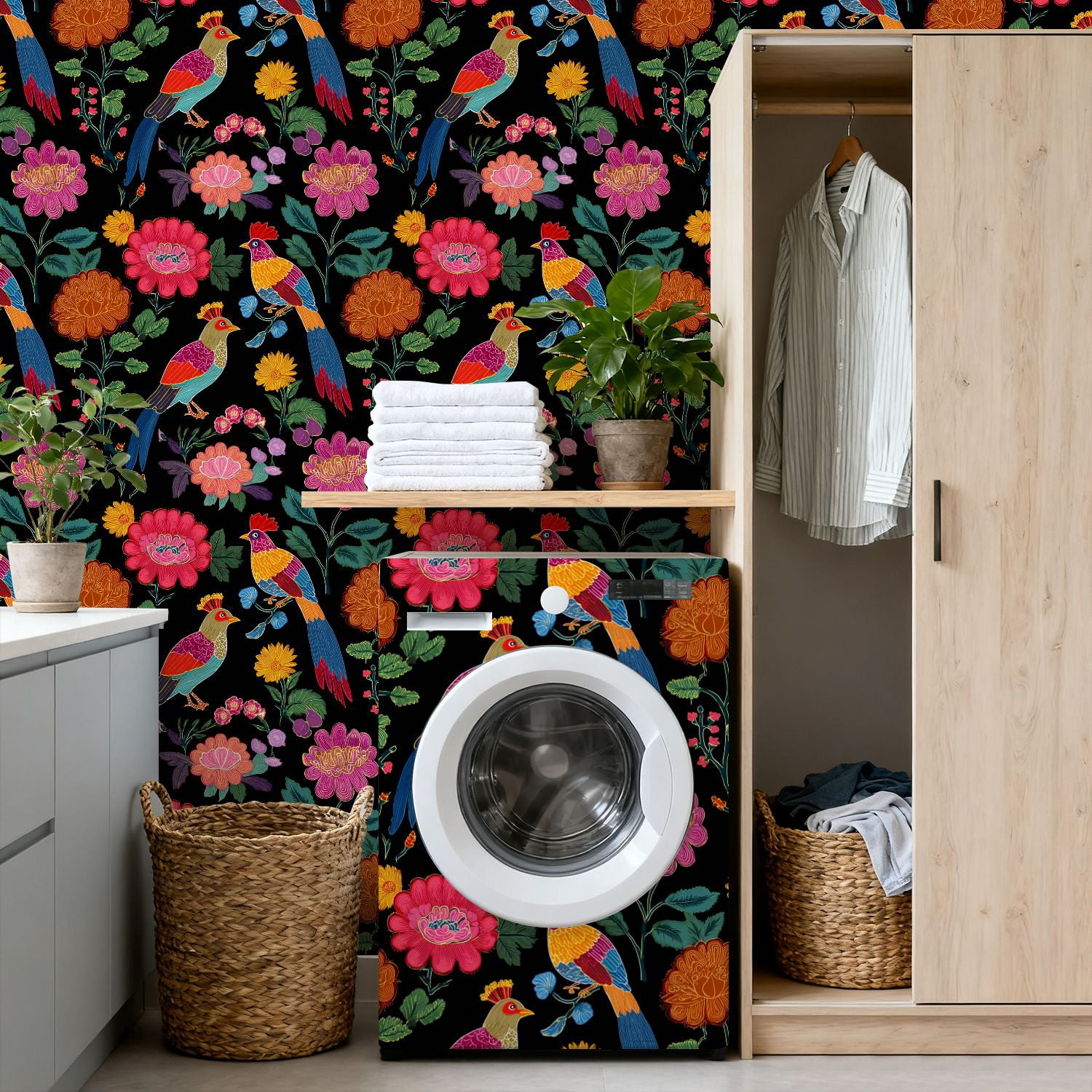 Mexican Peel and Stick Wallpaper Colorful Vibrant Floral Dark Wall Mural 17.7in x 9.8ft Self Adhesive Removable Wall Paper Renter Friendly Wallpaper for Nursery Bedroom Cabinets
