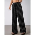thumbnail image 6 of Women's Striped High Waist Drawstring Wide Leg Loose Casual Trousers with Pockets Black L, 6 of 9