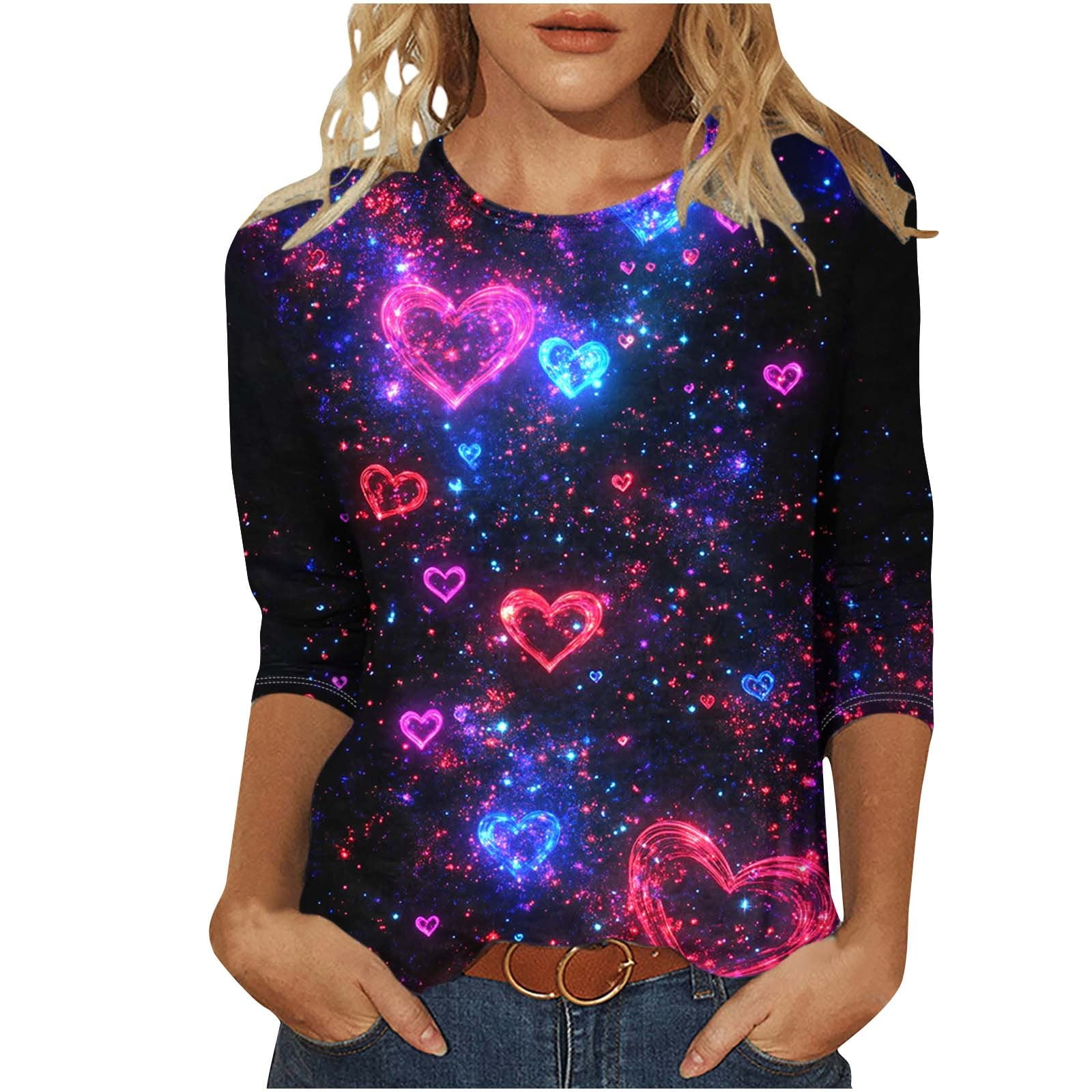 Staron Liquidation Hauts de la Saint-Valentin pour Femmes Col Rond Manches 3/4 Hauts Cadeaux de la Saint-Valentin Tendance Été T-Shirts Cœur de la Saint-Valentin